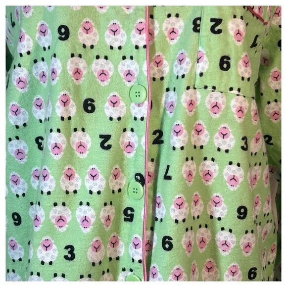 Sleep Tight 2 Piece Flannel Pajama Set Counting Sheep Print Green Size Large - Picture 3 of 10